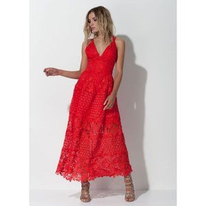 MOSSMAN The Spanish Fling Red Lace Maxi Dress Size 6 Broderie
